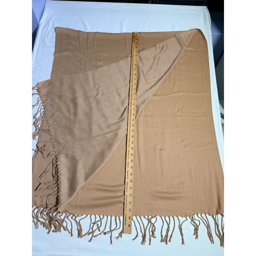 Tan Pashmina Style Wrap Scarf with Twisted Fringe Trim Solid Camel Neutral Wrap